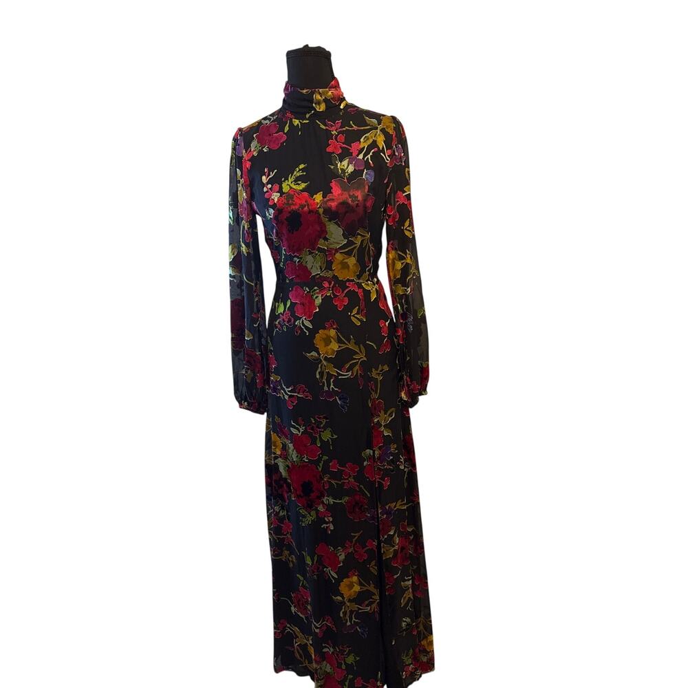 NWT Lulu’s Floral Mock Neck Long Sleeve Maxi Dress Black Romantic Boho